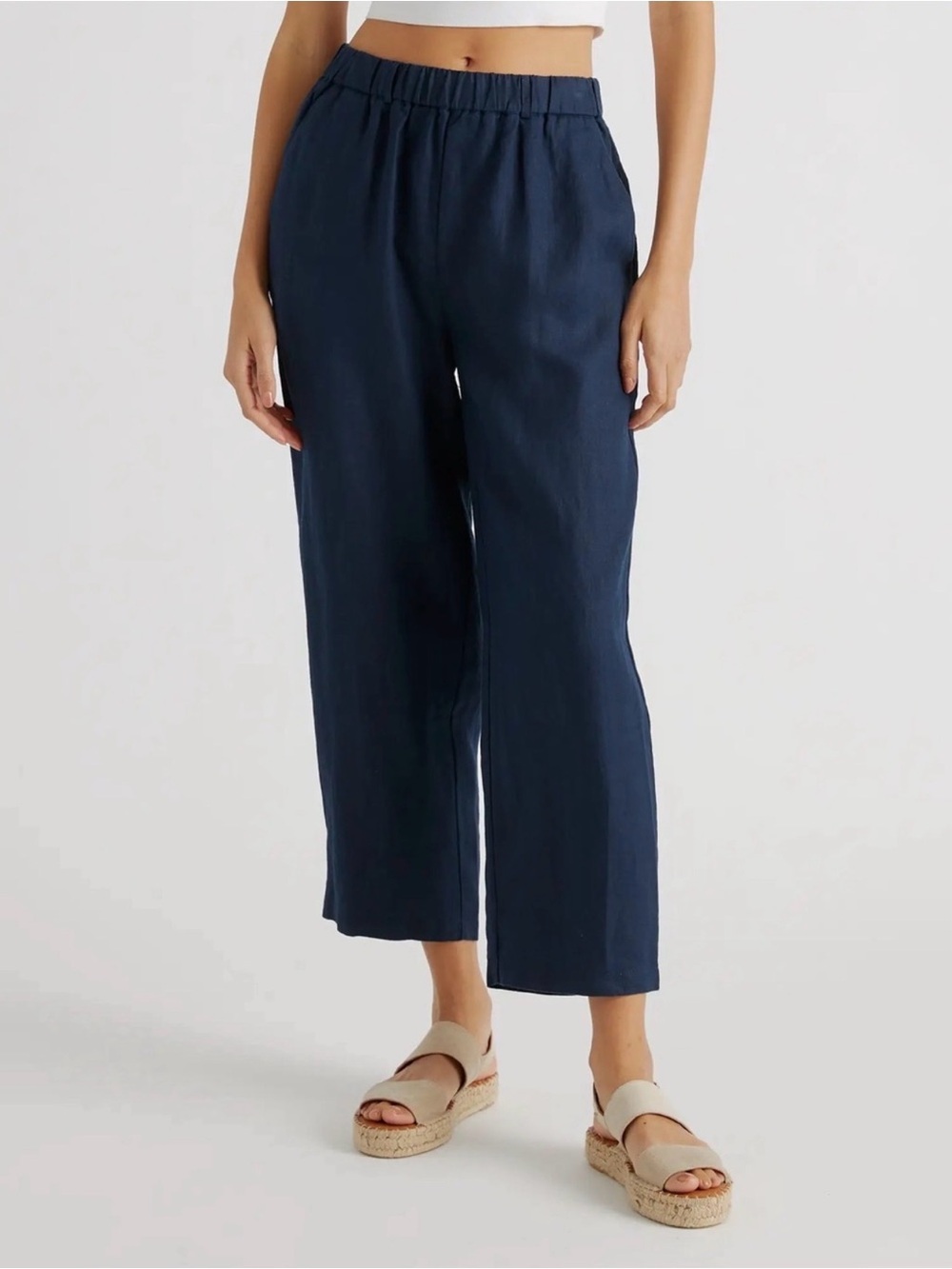 Quince Navy Elastic-Waist Cropped Wide-Leg Pants